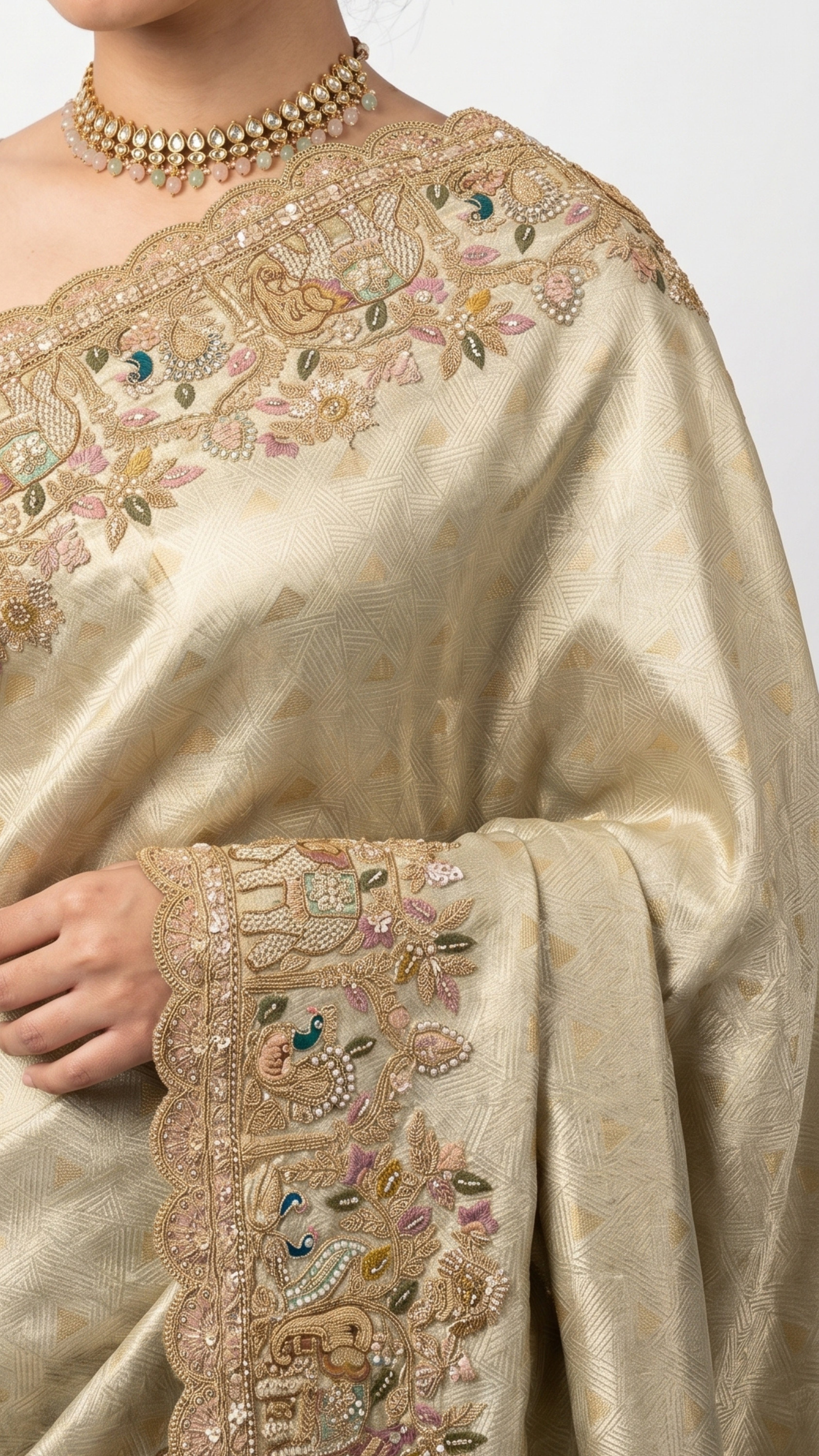 Muted Olive Gold Tissue Silk Saree Embellished with Zari, Cutdana & Zarkan Work